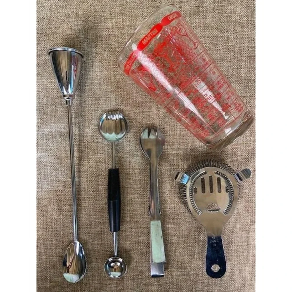 Vintage Cocktail Multi-Recipe Mixing Glass and 5 Piece Bar Tool Set Stainless
